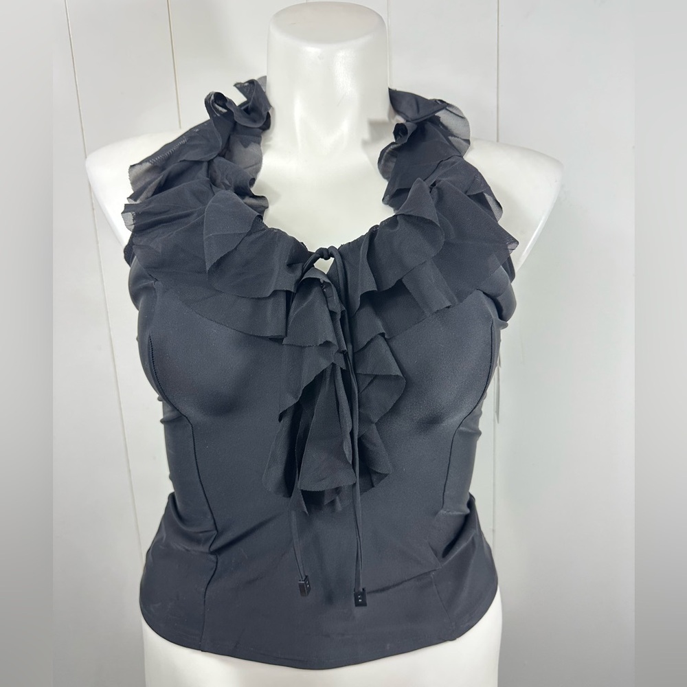 NWT Be Creative Sz 10D Black Ruffle Halter Bikini Top Bandeau